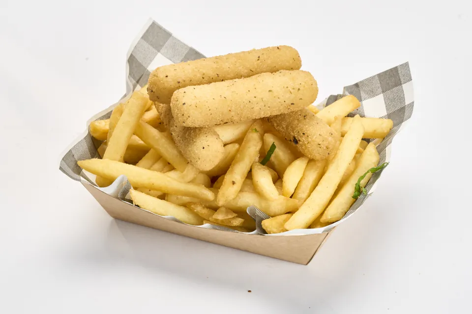 Mozzarella sticks on a bed of hot chips